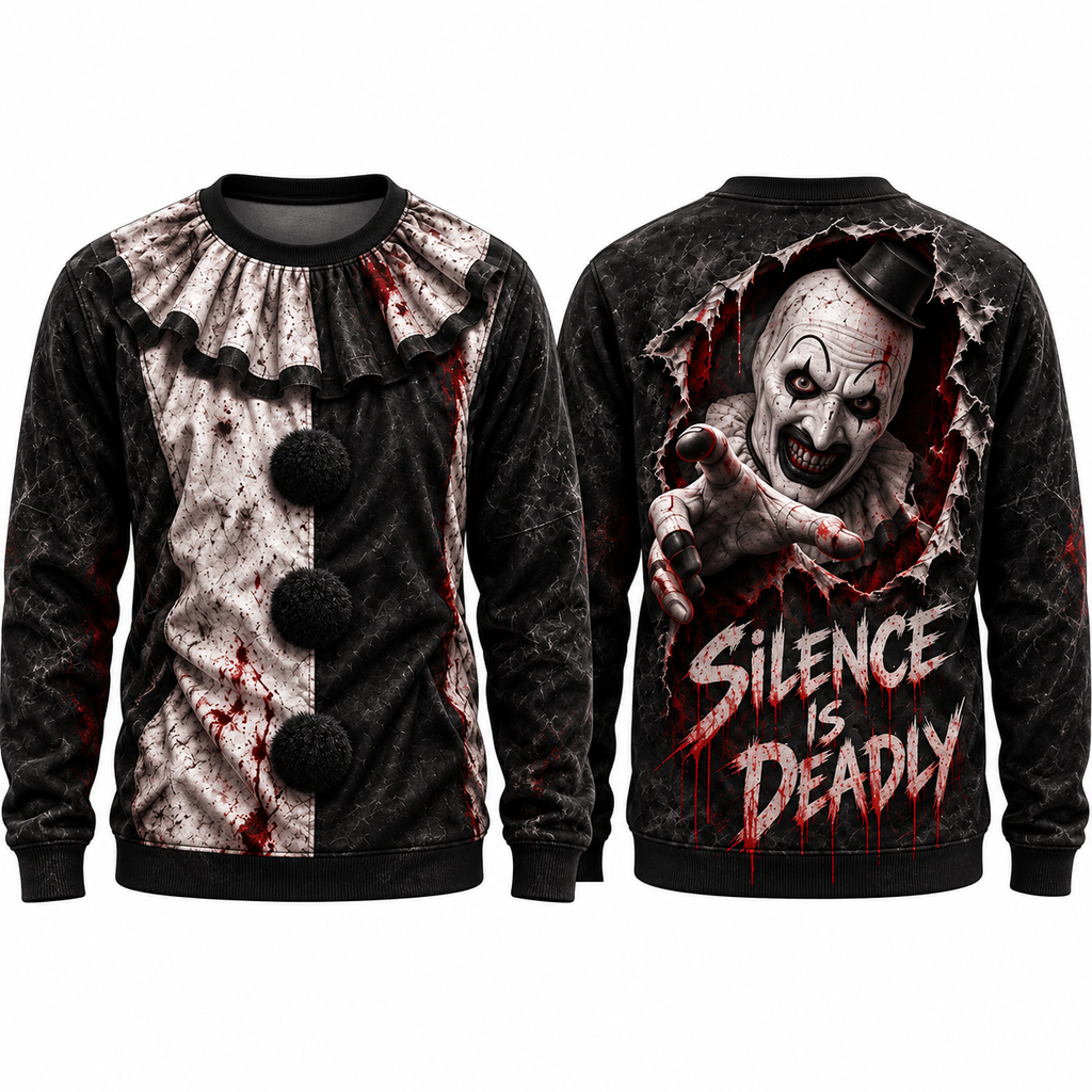 Clown Ruff Overlay Silence Is Deadly Black Sweater for Carnival Jacket Night Fans NDN 1