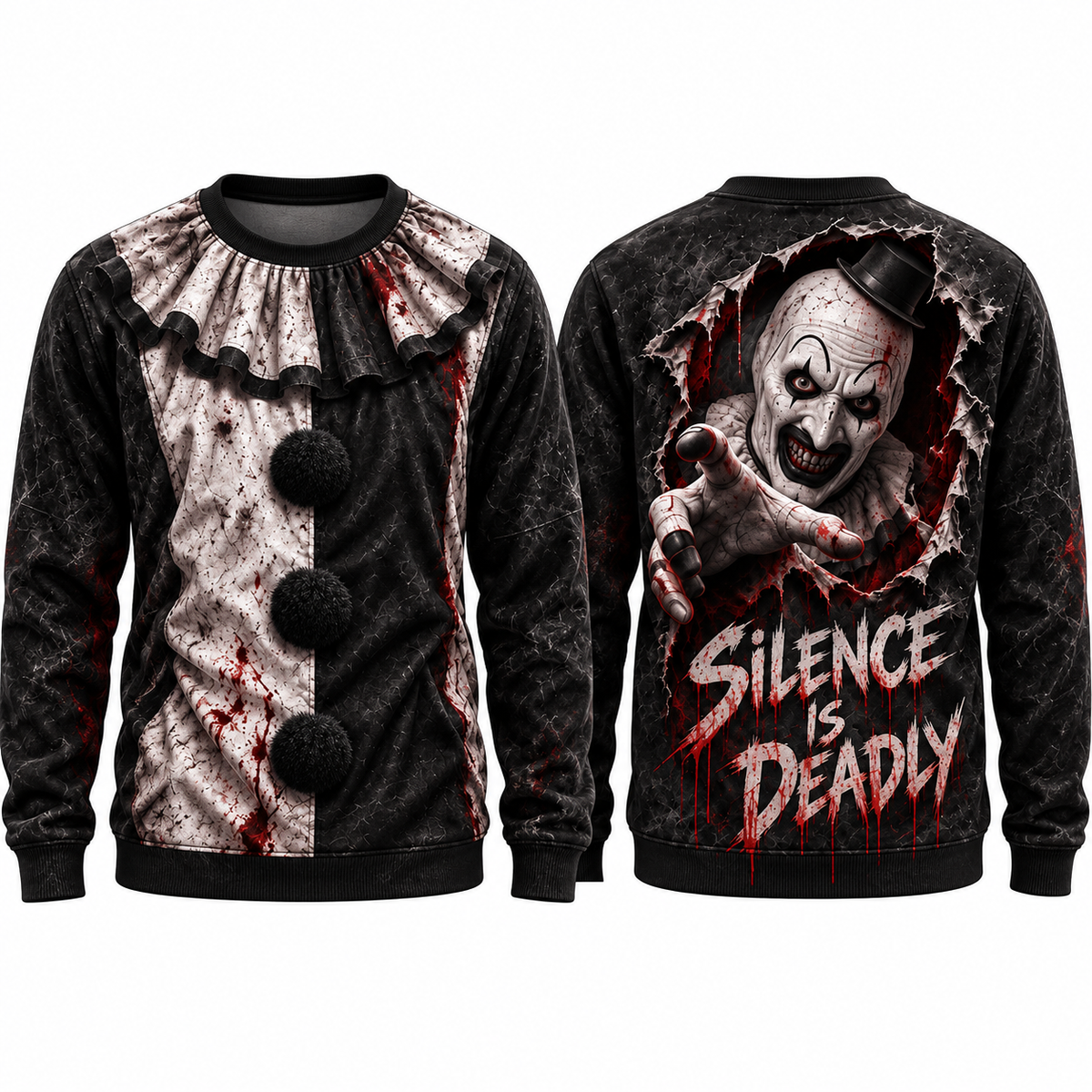 Clown Ruff Overlay Silence Is Deadly Black Sweater for Carnival Jacket Night Fans NDN 1
