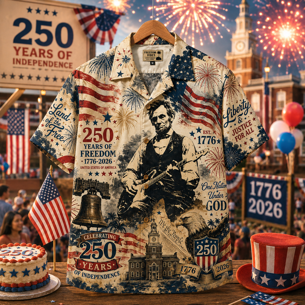 Abraham Lincoln 250 Years of Independence Hawaiian Shirt Patriotic Freedom Celebration AOP Shirt 1776–2026
