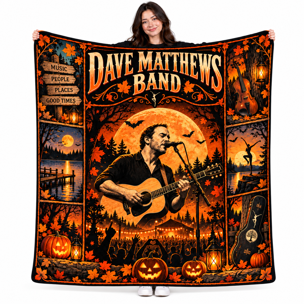 Dave Matthews Band Guitarist And Orange Moon Fleece Blanket For Autumn Concert Nights NDN 1