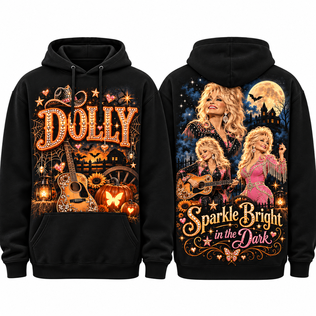 Dolly Orange Guitar Pumpkins Sparkle Bright In The Dark Moon Hoodie for Country Night Fans NDN 1