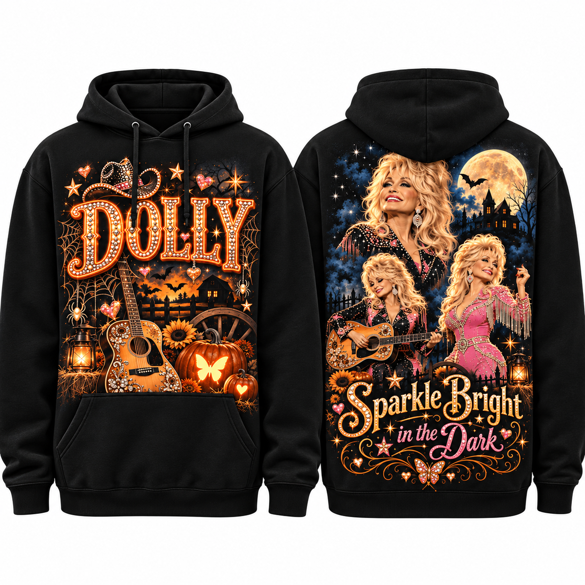 Dolly Orange Guitar Pumpkins Sparkle Bright In The Dark Moon Hoodie for Country Night Fans NDN 1