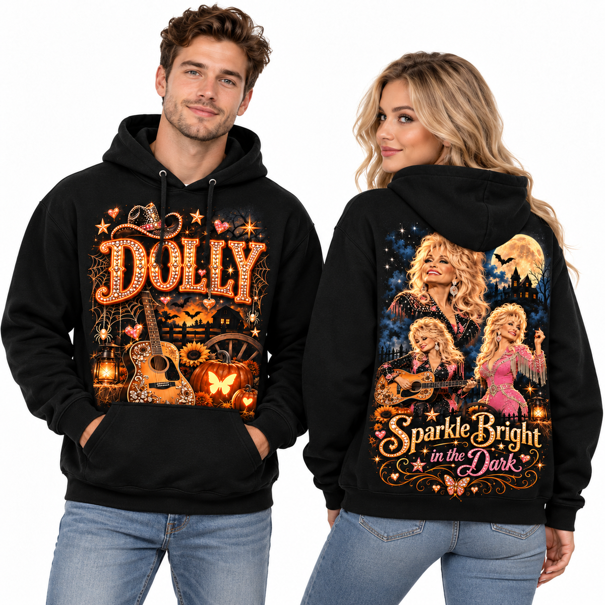 Dolly Orange Guitar Pumpkins Sparkle Bright In The Dark Moon Hoodie for Country Night Fans NDN 2