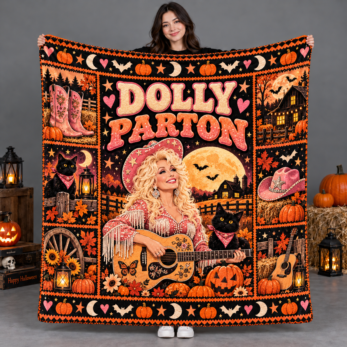 Dolly Parton Pink Guitar Portrait Fleece Blanket For Country Halloween Nights NDN 2