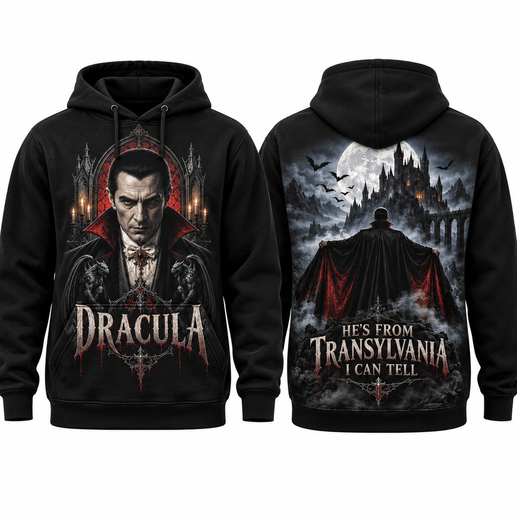Dracula Dripping Lettering Hes From Transylvania I Can Tell Castle Hoodie for Vampire Horror Fans NDN 1