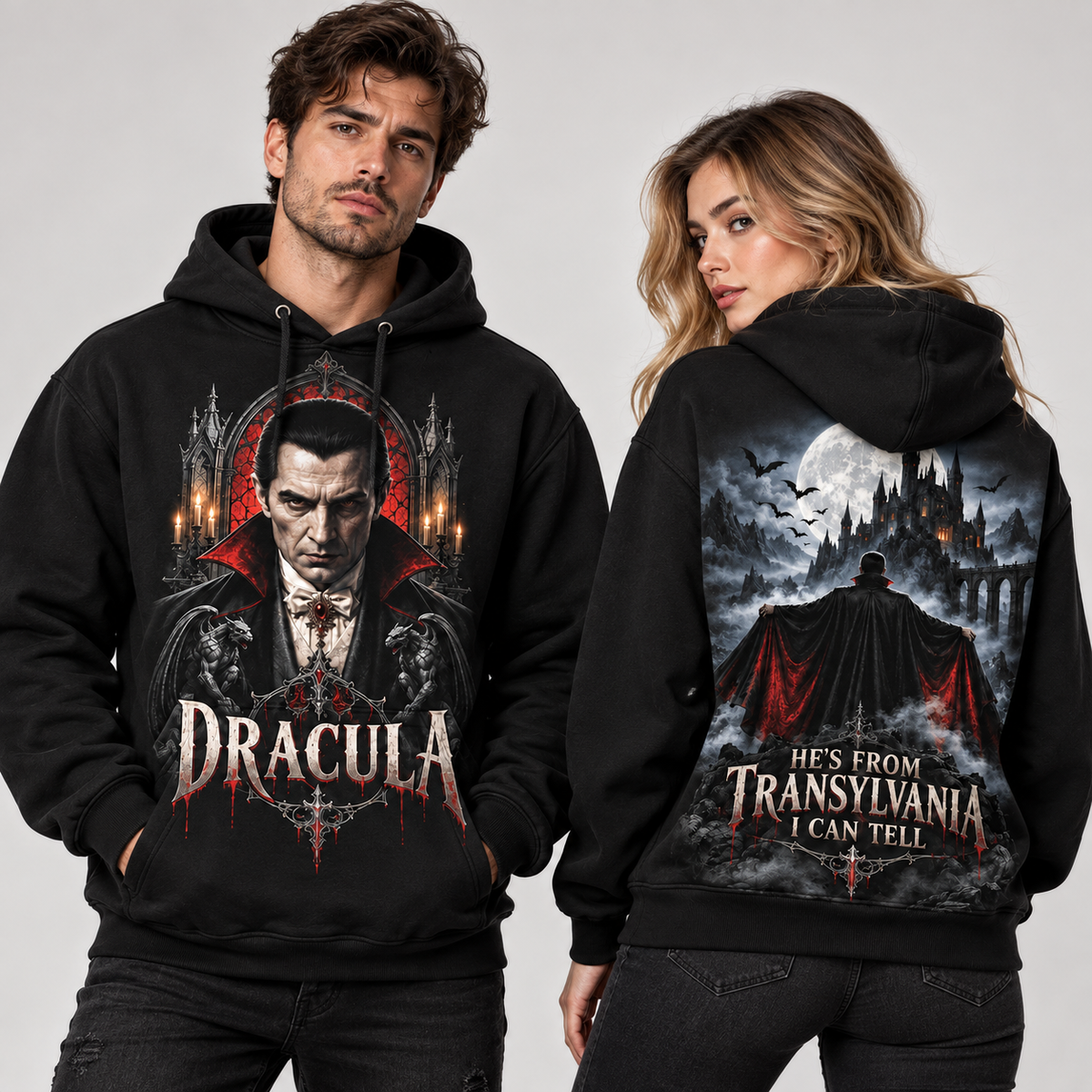 Dracula Dripping Lettering Hes From Transylvania I Can Tell Castle Hoodie for Vampire Horror Fans NDN 2