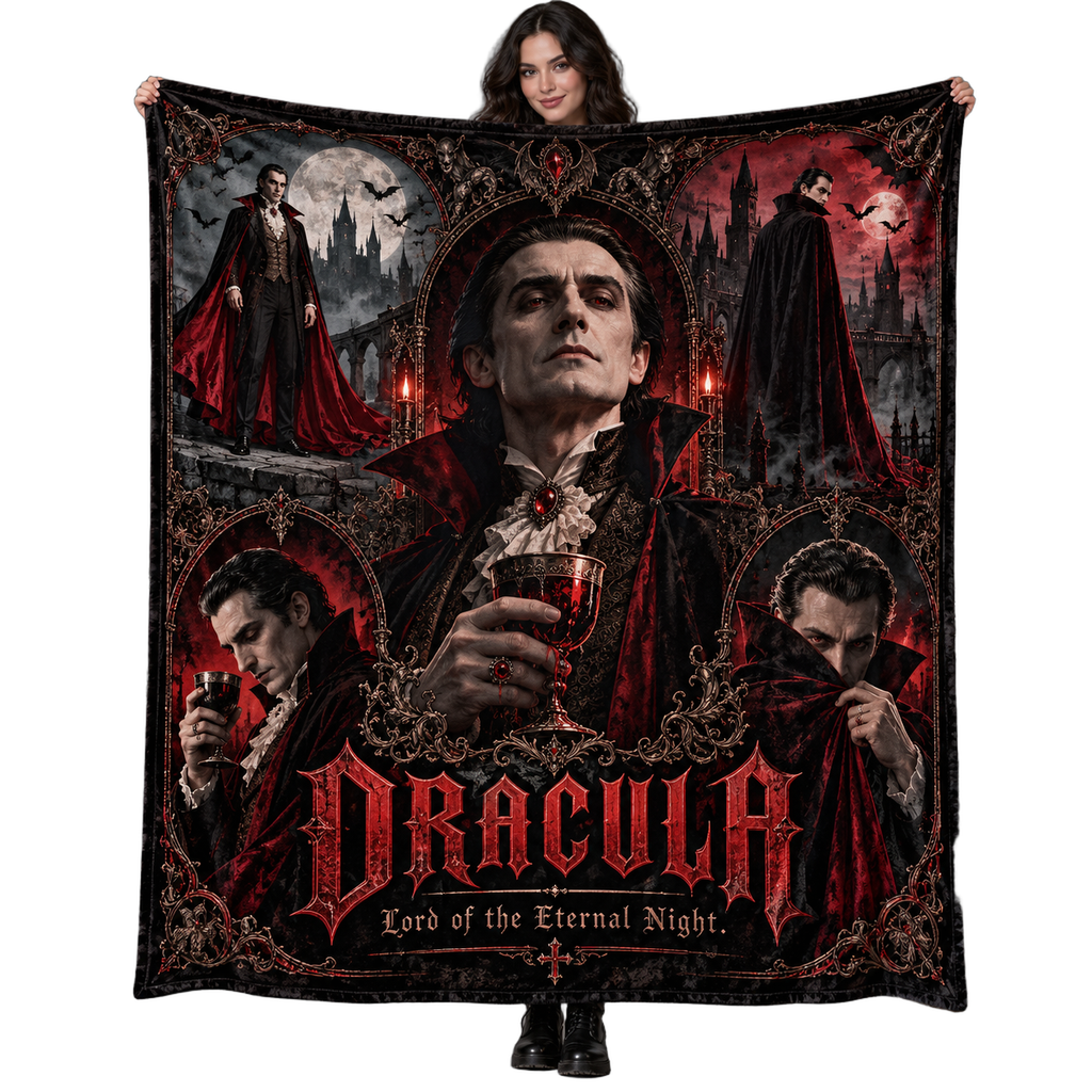 Dracula Vampire Portrait And Crimson Shadows Fleece Blanket For Classic Gothic Cinema Lovers NDN 1