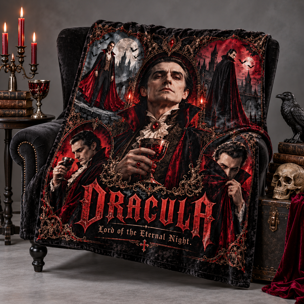 Dracula Vampire Portrait And Crimson Shadows Fleece Blanket For Classic Gothic Cinema Lovers NDN 2