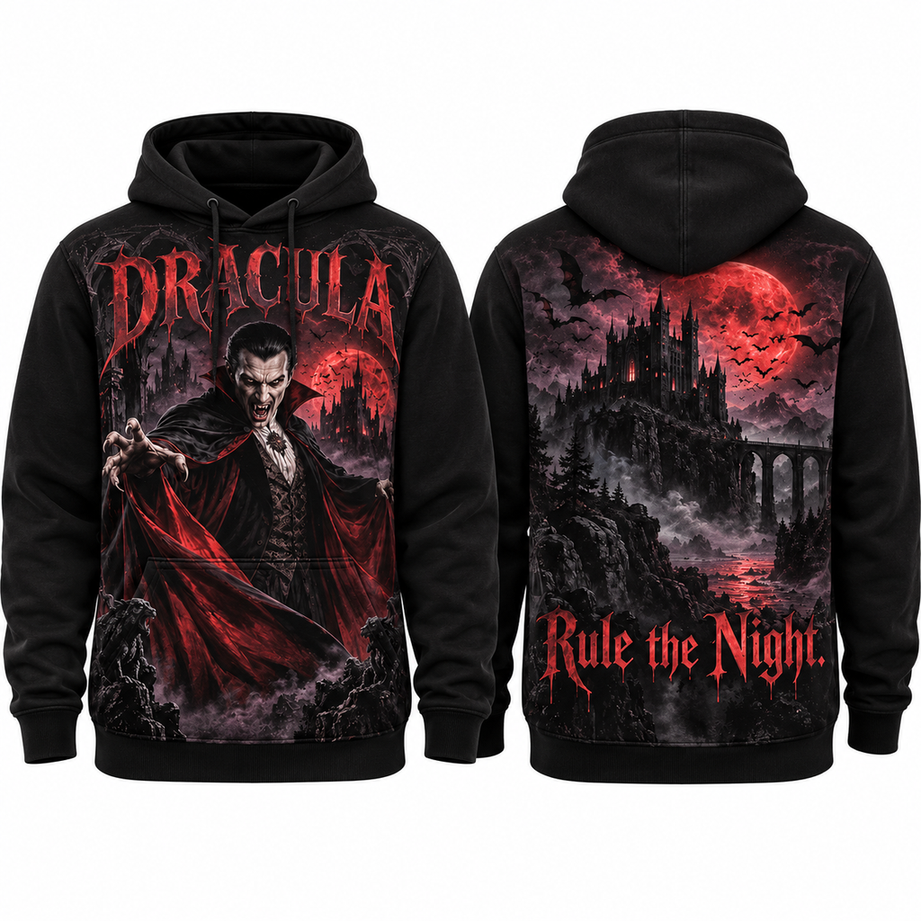 Dracula Vampire Portrait Rule The Night Castle And Bats Hoodie for Vampire Night Fans NDN 1