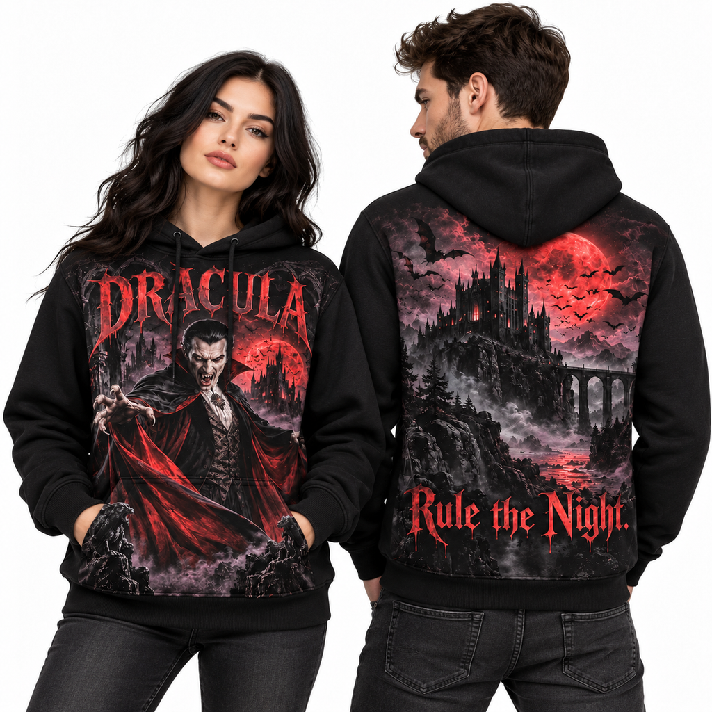 Dracula Vampire Portrait Rule The Night Castle And Bats Hoodie for Vampire Night Fans NDN 2