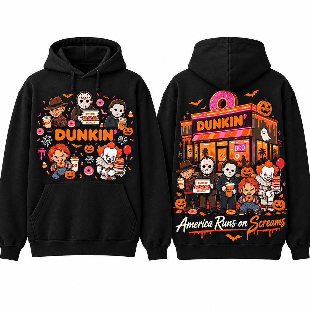 Dunkin Horror Characters Coffee Shop America Runs On Screams Hoodie for Spooky Coffee Fans NDN 1