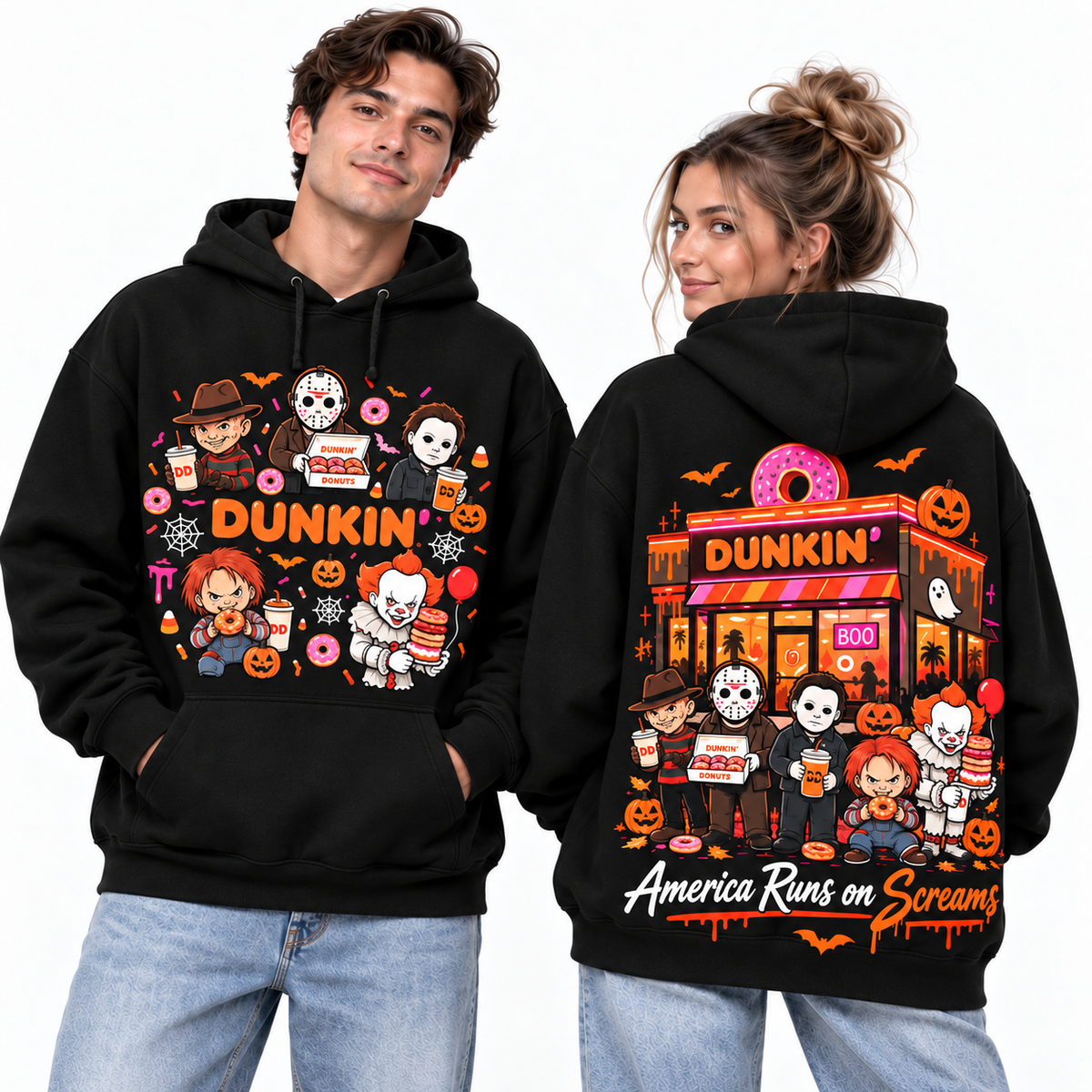 Dunkin Horror Characters Coffee Shop America Runs On Screams Hoodie for Spooky Coffee Fans NDN 2