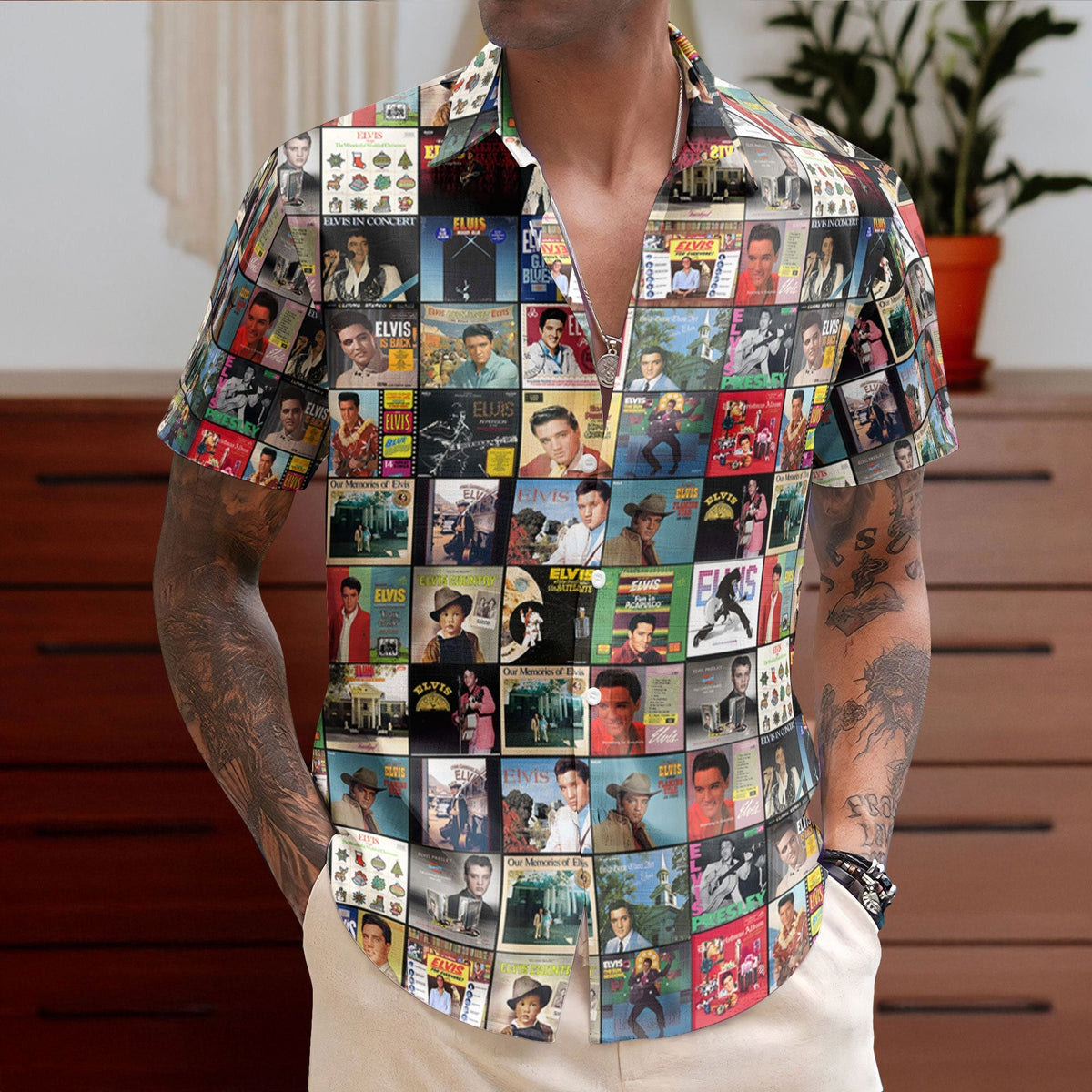Elvis Presley Retro Music Album Art Mosaic Grid Colorful Hawaiian Shirt Retro Music Album Art Inspired Unisex Shirt