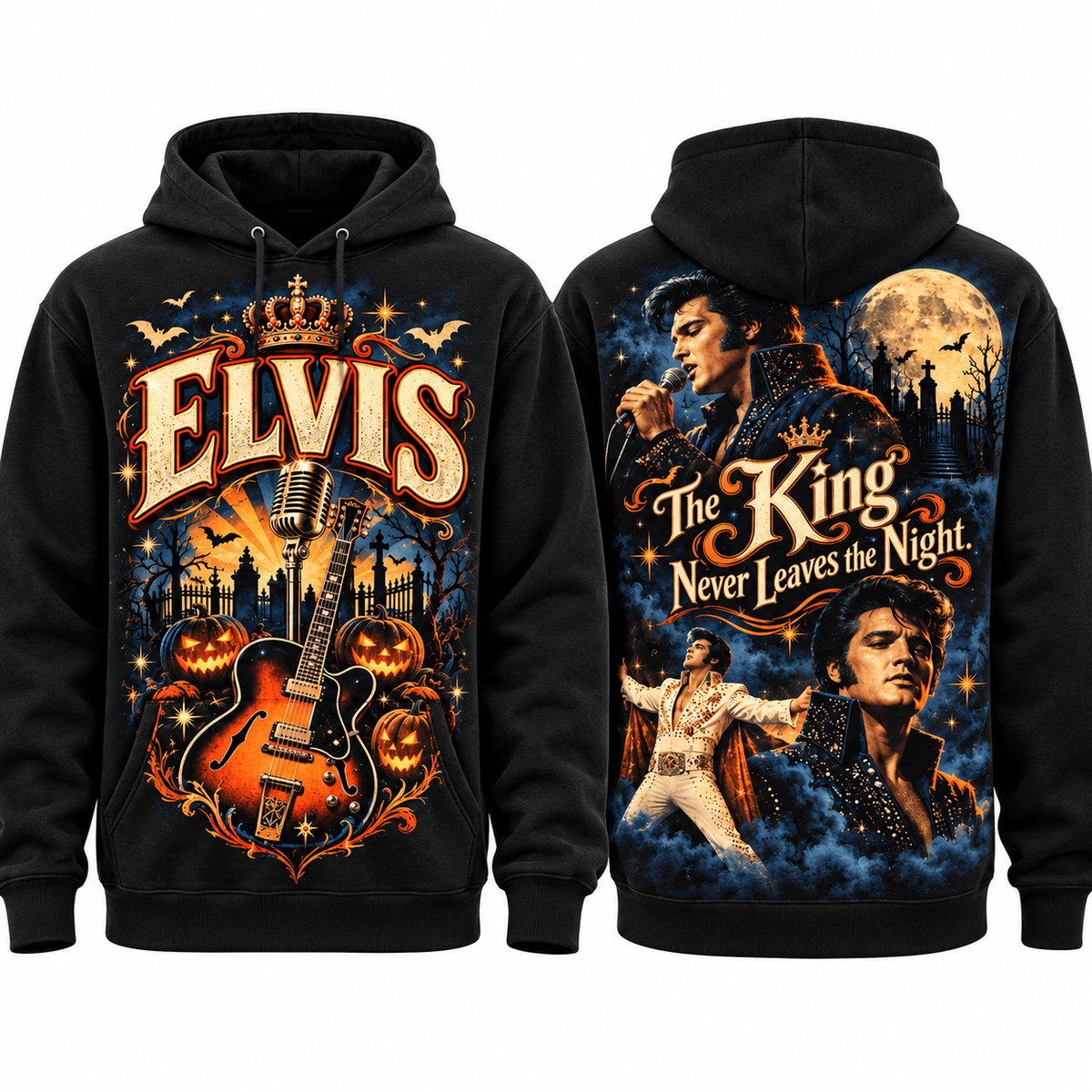 Elvis Crown Guitar Pumpkins The King Never Leaves The Night Hoodie for Halloween Elvis Fans NDN 1