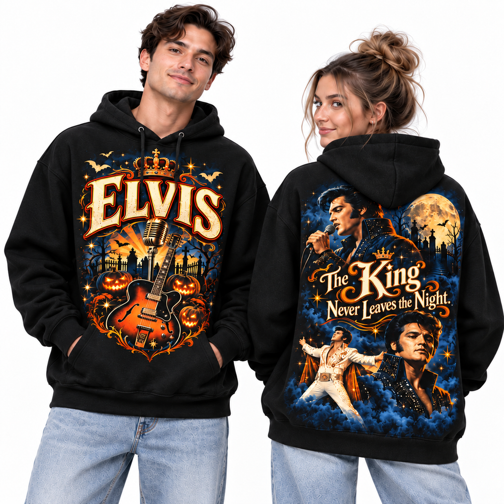Elvis Crown Guitar Pumpkins The King Never Leaves The Night Hoodie for Halloween Elvis Fans NDN 2