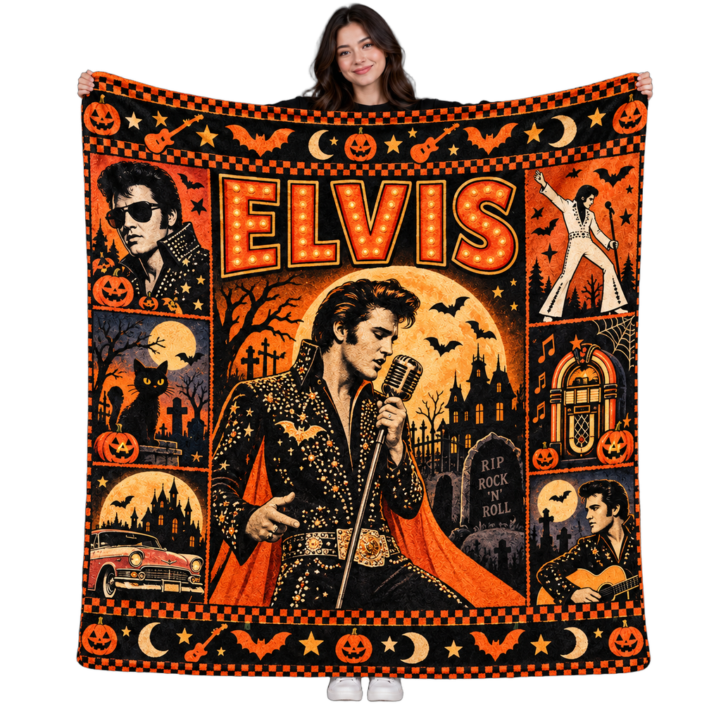 Elvis Orange Marquee Microphone Fleece Blanket For Halloween Rock And Roll Nights NDN 1