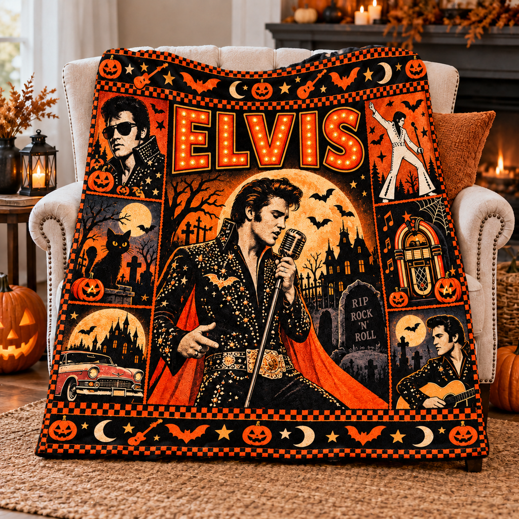 Elvis Orange Marquee Microphone Fleece Blanket For Halloween Rock And Roll Nights NDN 2