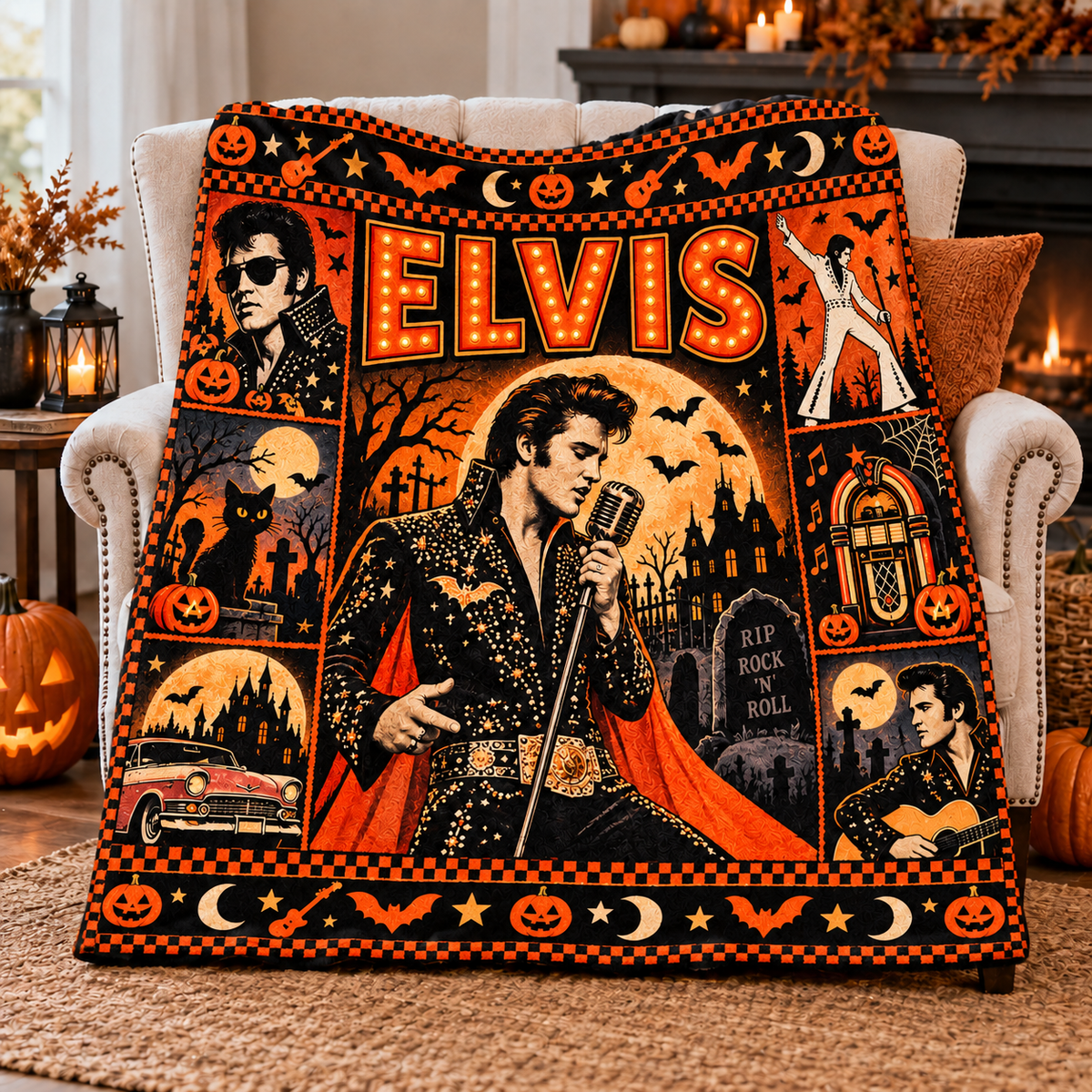 Elvis Orange Marquee Microphone Fleece Blanket For Halloween Rock And Roll Nights NDN 2