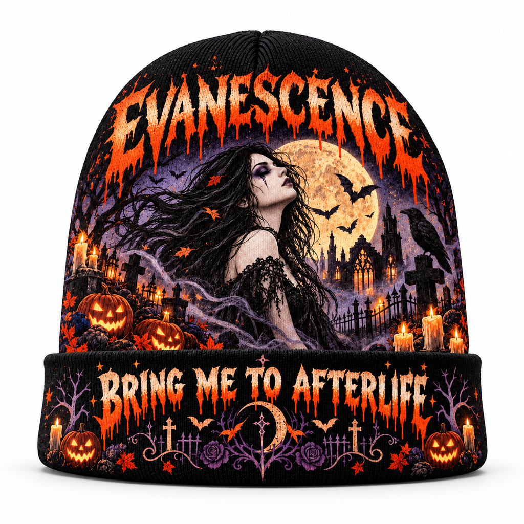 Evanescence Cemetery Moon Graphic Print Knit Beanie for Afterlife Halloween Night Walks NDN 1