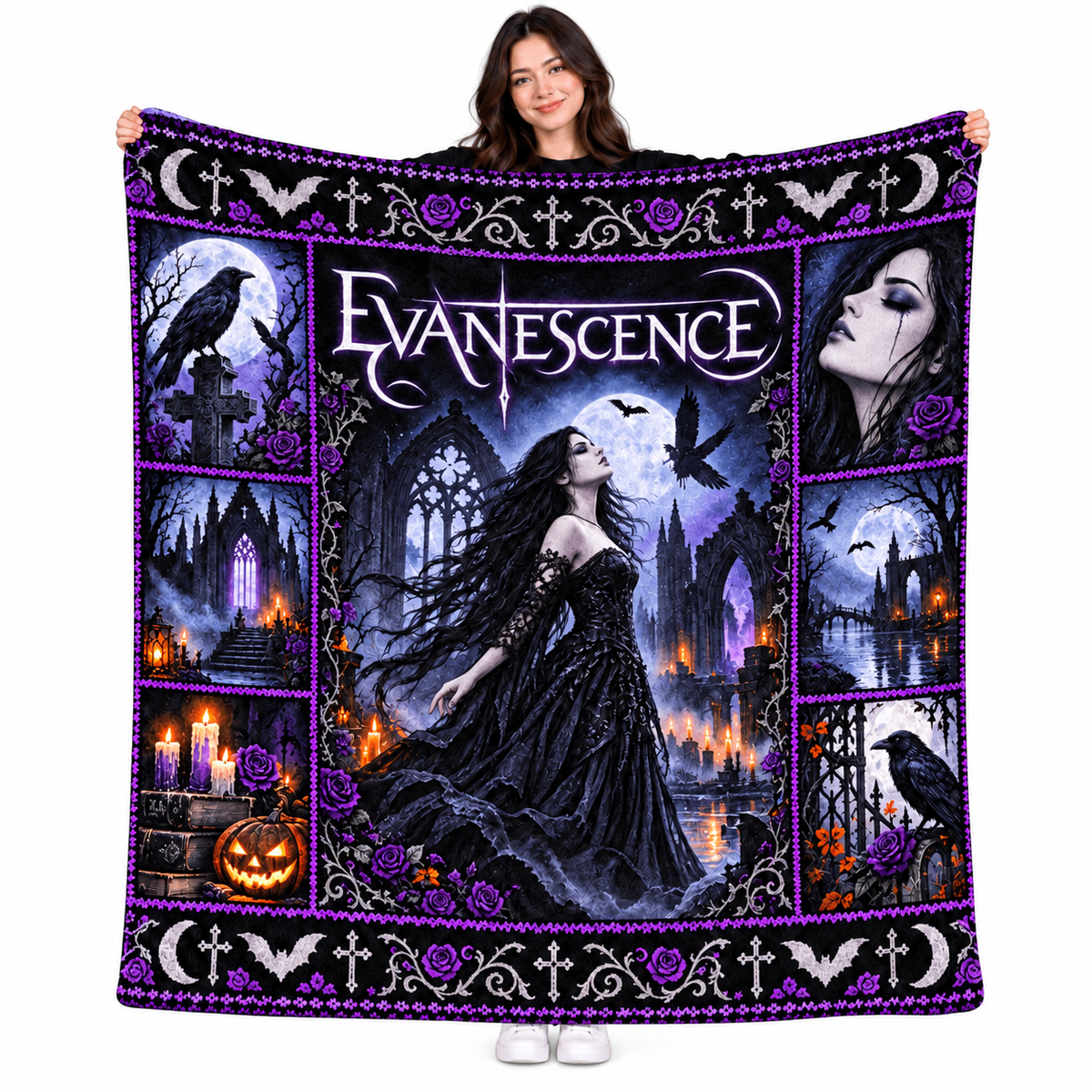 Evanescence Purple Raven Gothic Woman Fleece Blanket For Dark Halloween Nights NDN 1