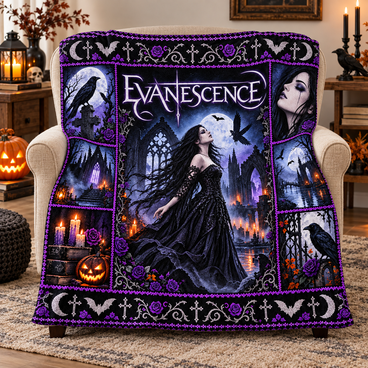 Evanescence Purple Raven Gothic Woman Fleece Blanket For Dark Halloween Nights NDN 3