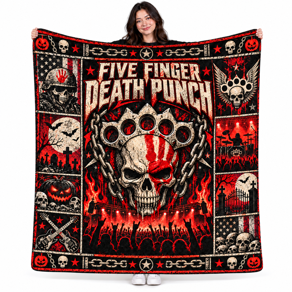 Five Finger Death Punch Skull And Brass Knuckles Fleece Blanket For Heavy Rock Nights NDN 1