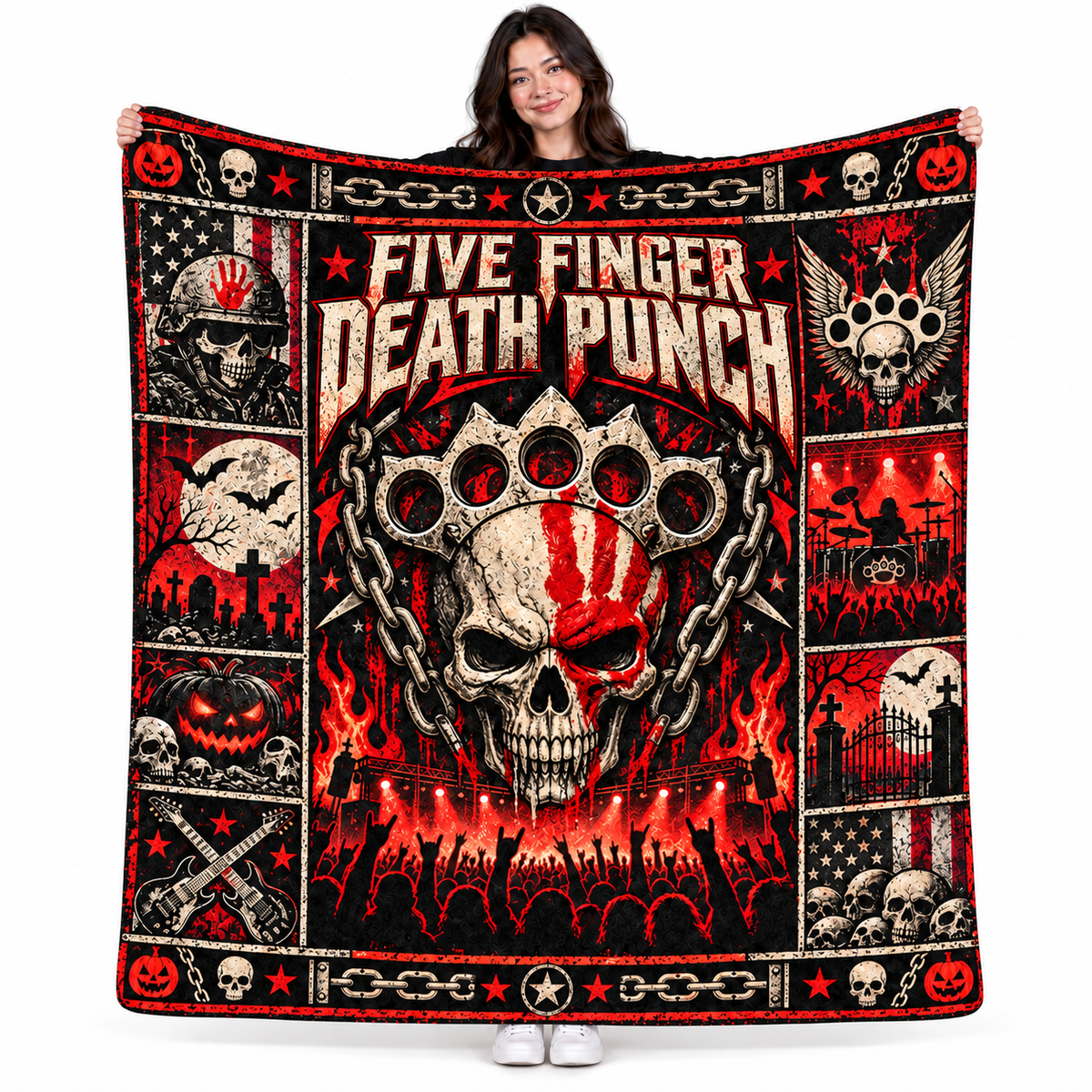 Five Finger Death Punch Skull And Brass Knuckles Fleece Blanket For Heavy Rock Nights NDN 1