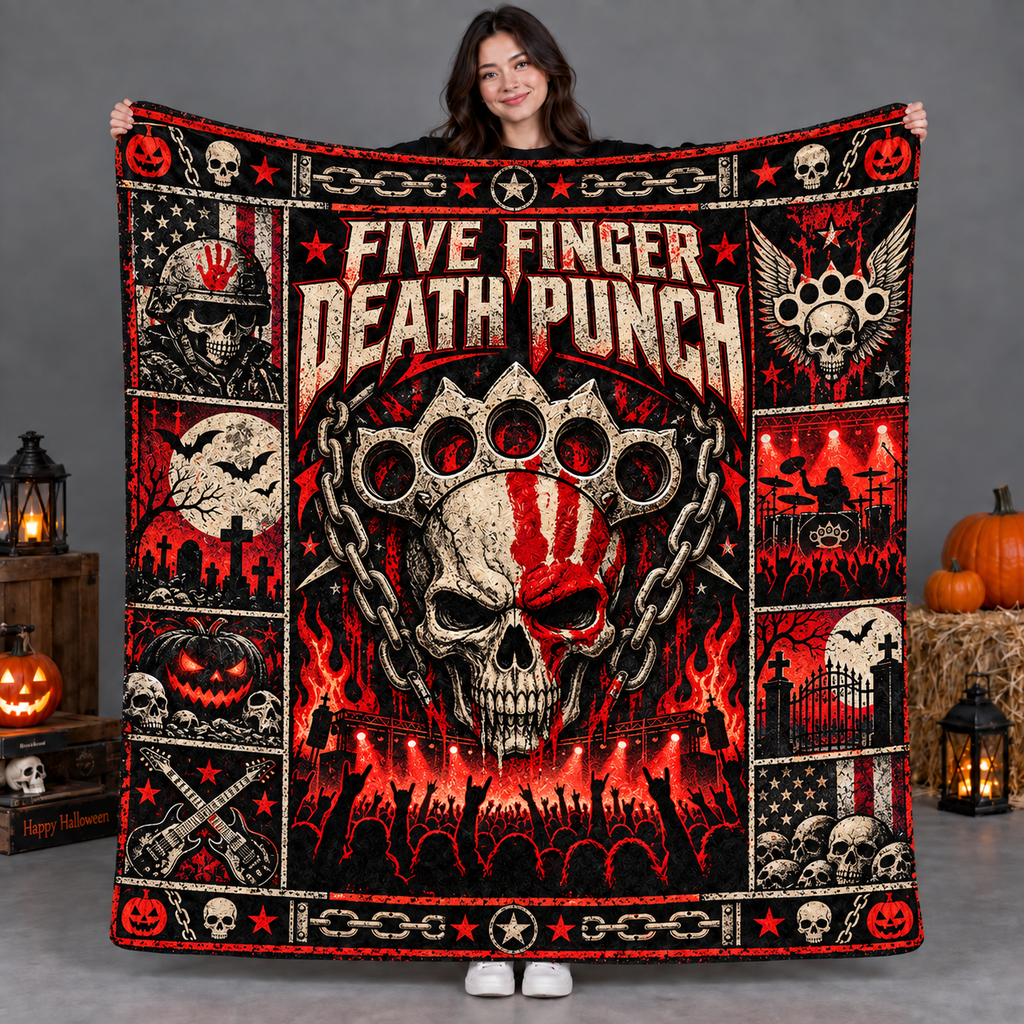 Five Finger Death Punch Skull And Brass Knuckles Fleece Blanket For Heavy Rock Nights NDN 2