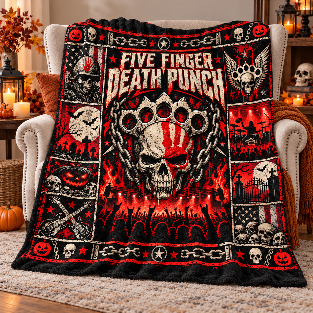 Five Finger Death Punch Skull And Brass Knuckles Fleece Blanket For Heavy Rock Nights NDN 3