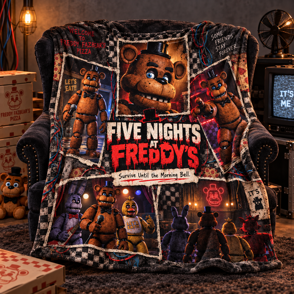 Five Nights At Freddys Animatronic Character Collage Fleece Blanket For After Dark Gaming Fans NDN 2