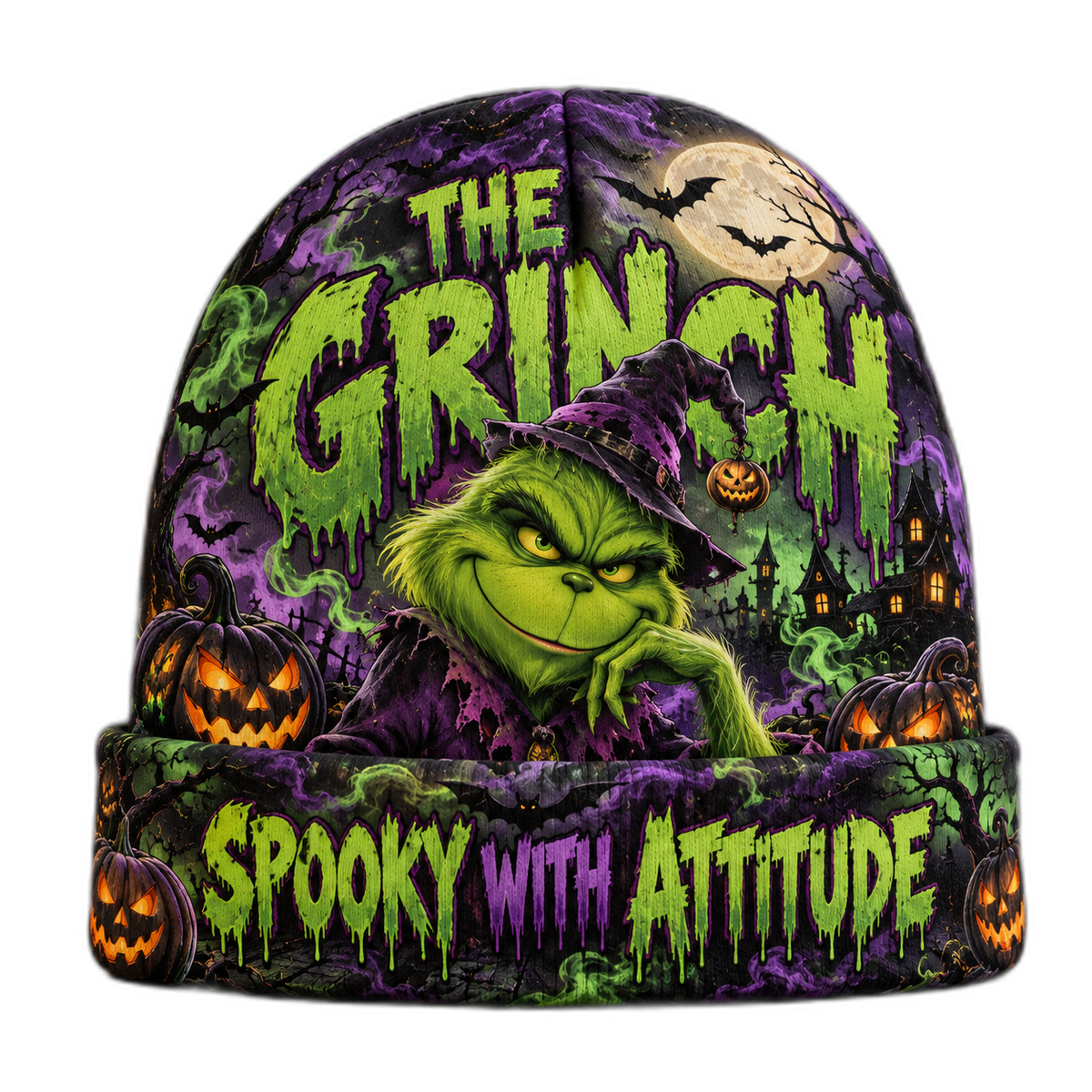 The Grinch Pumpkin Halloween Graphic Print Knit Beanie for Spooky Holiday Crowds NDN 1