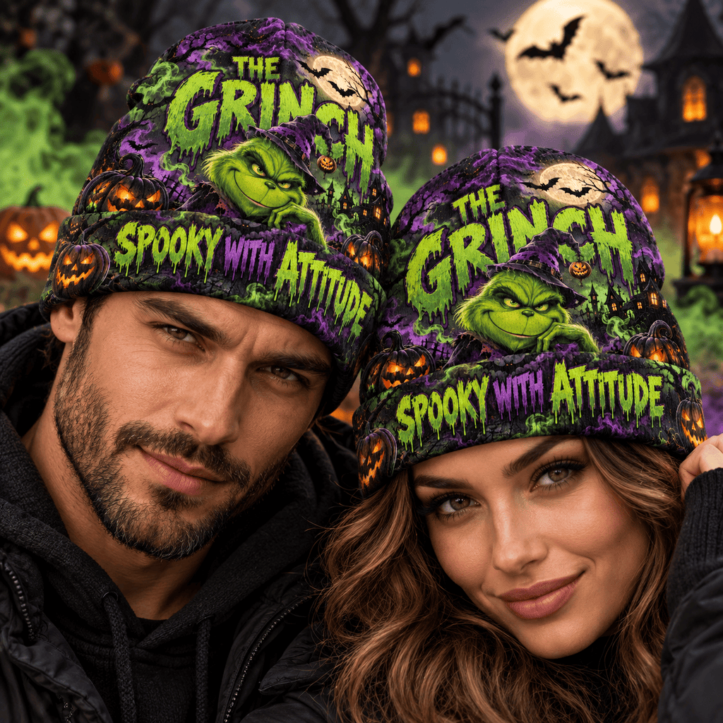 The Grinch Pumpkin Halloween Graphic Print Knit Beanie for Spooky Holiday Crowds NDN 2