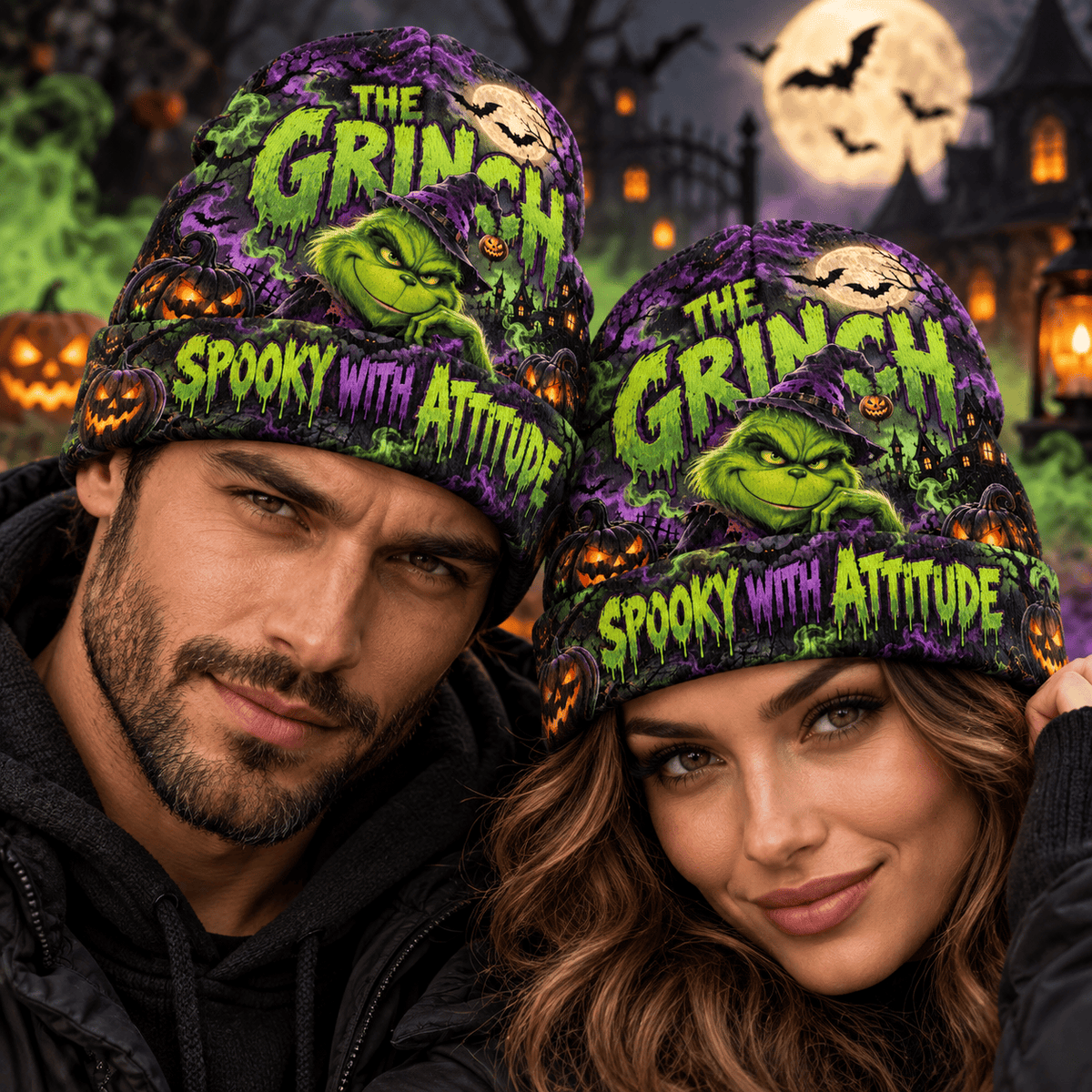 The Grinch Pumpkin Halloween Graphic Print Knit Beanie for Spooky Holiday Crowds NDN 2