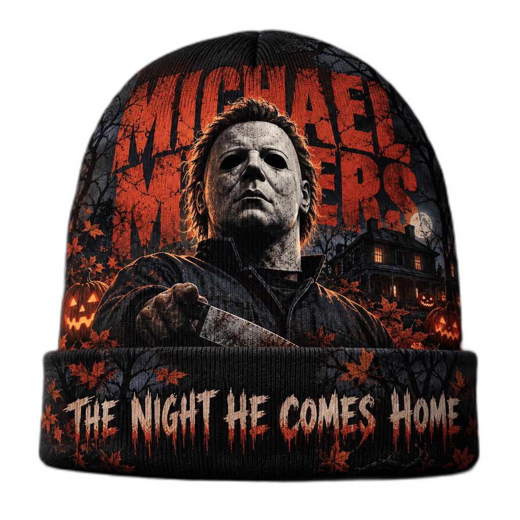 Michael Myers White Mask Graphic Print Knit Beanie for Halloween Horror Walks NDN 1