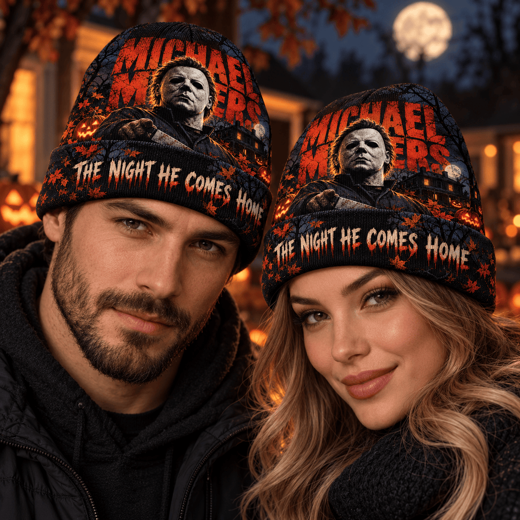 Michael Myers White Mask Graphic Print Knit Beanie for Halloween Horror Walks NDN 2