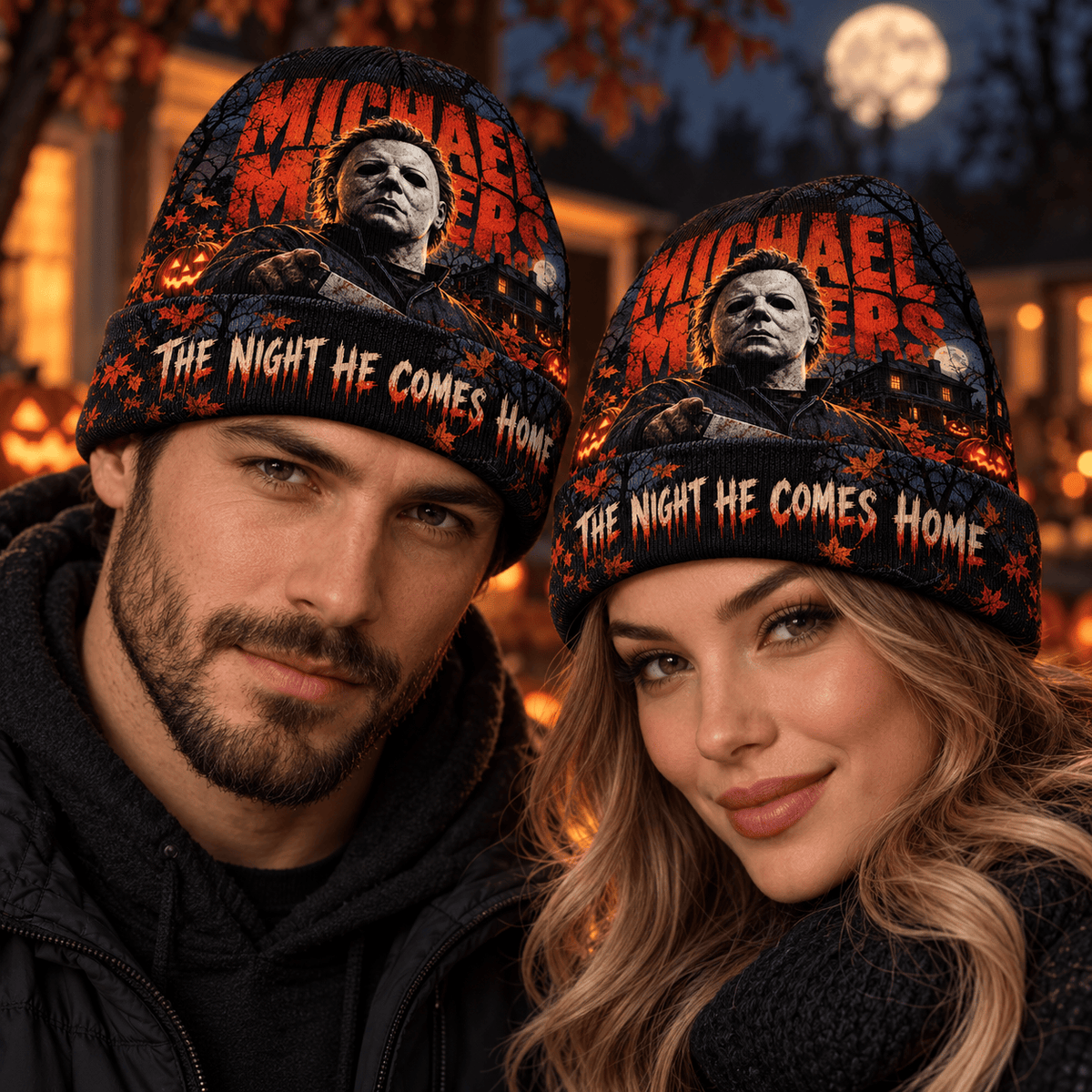 Michael Myers White Mask Graphic Print Knit Beanie for Halloween Horror Walks NDN 2