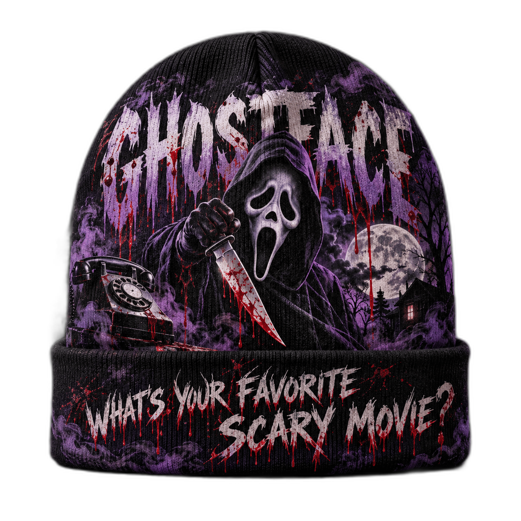 Ghostface Blood Moon Graphic Print Knit Beanie for Scary Movie Night Outings NDN 1
