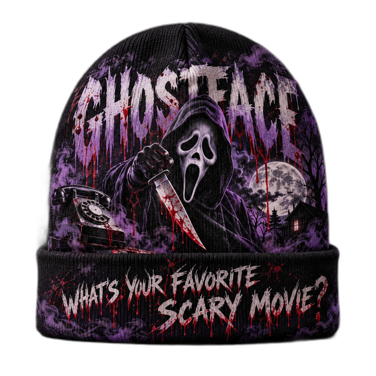 Ghostface Blood Moon Graphic Print Knit Beanie for Scary Movie Night Outings NDN 1