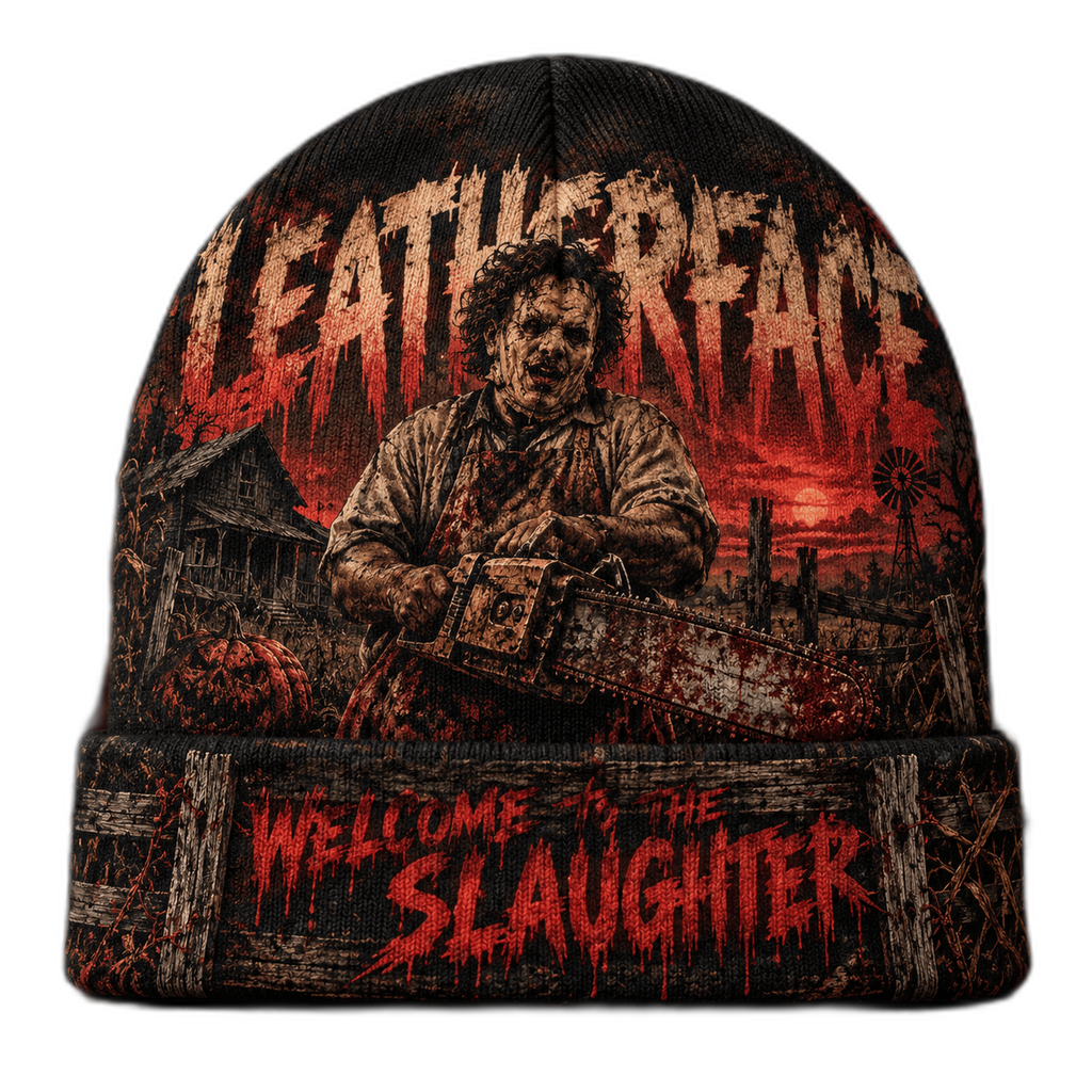 Leatherface Chainsaw Portrait Graphic Print Knit Beanie for Slaughterhouse Horror Night Fans NDN 1
