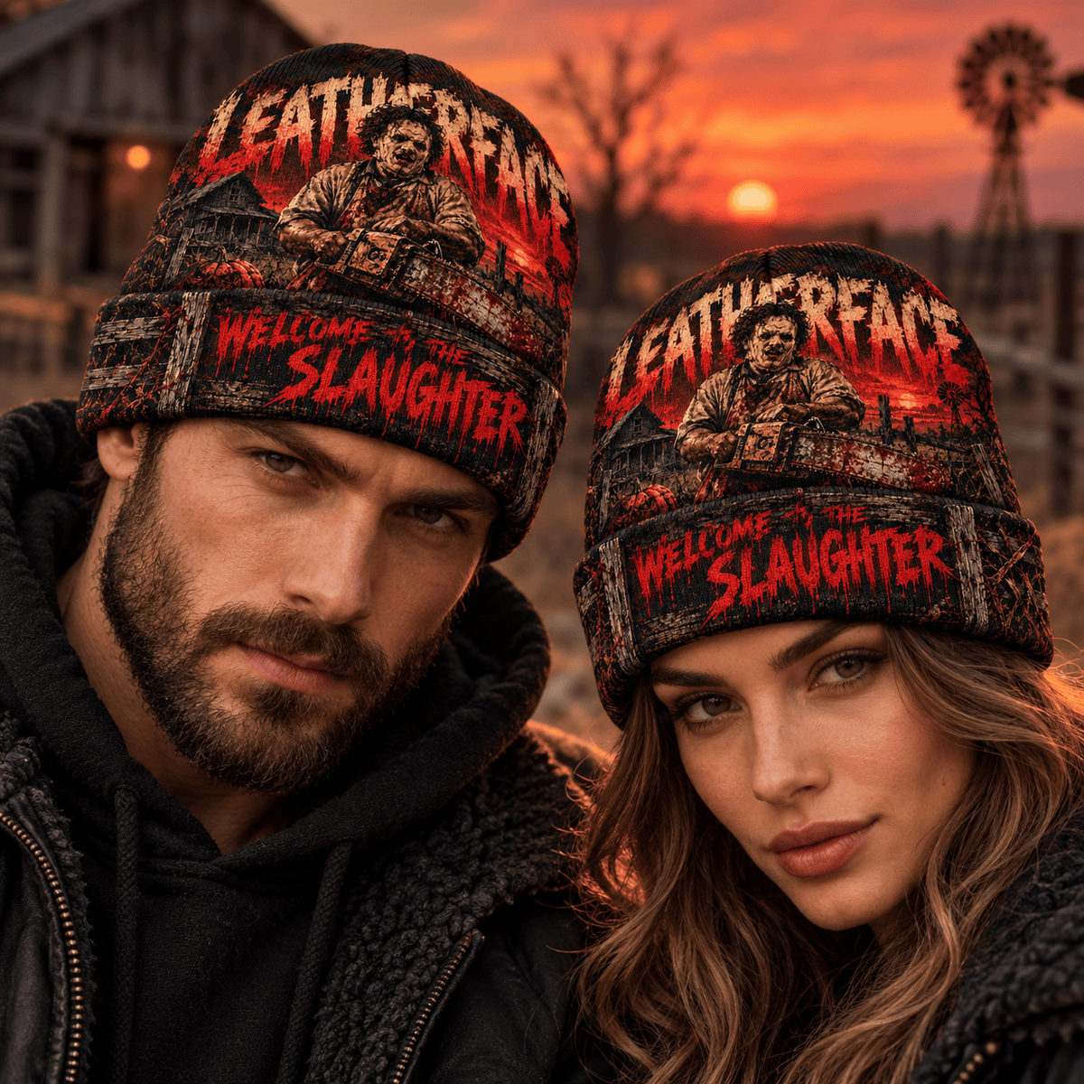 Leatherface Chainsaw Portrait Graphic Print Knit Beanie for Slaughterhouse Horror Night Fans NDN 2