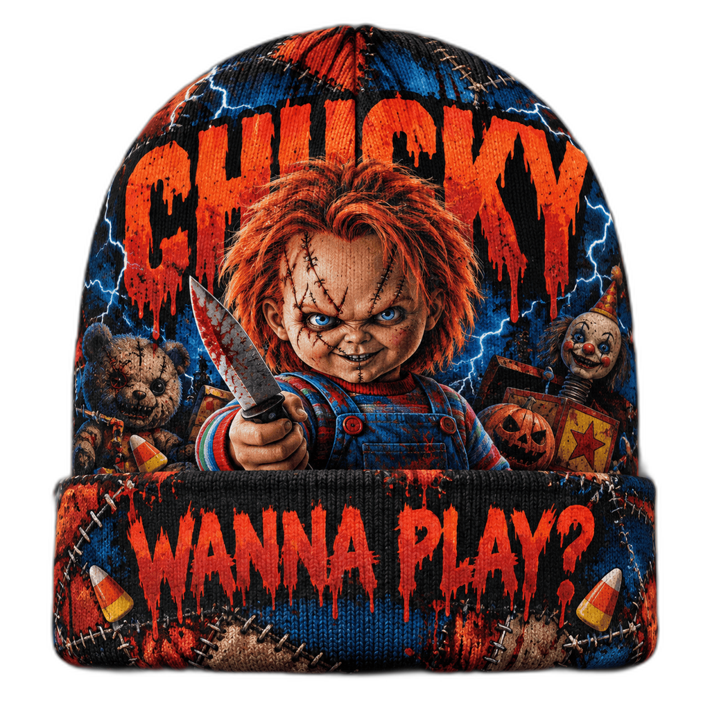 Chucky Scarred Doll Graphic Print Knit Beanie for Playtime Horror Night Collectors NDN 1