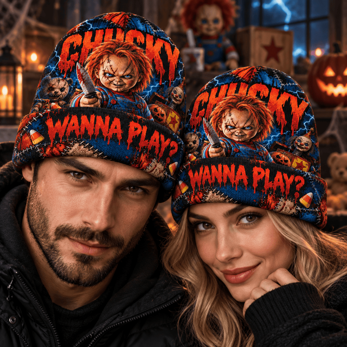Chucky Scarred Doll Graphic Print Knit Beanie for Playtime Horror Night Collectors NDN 2