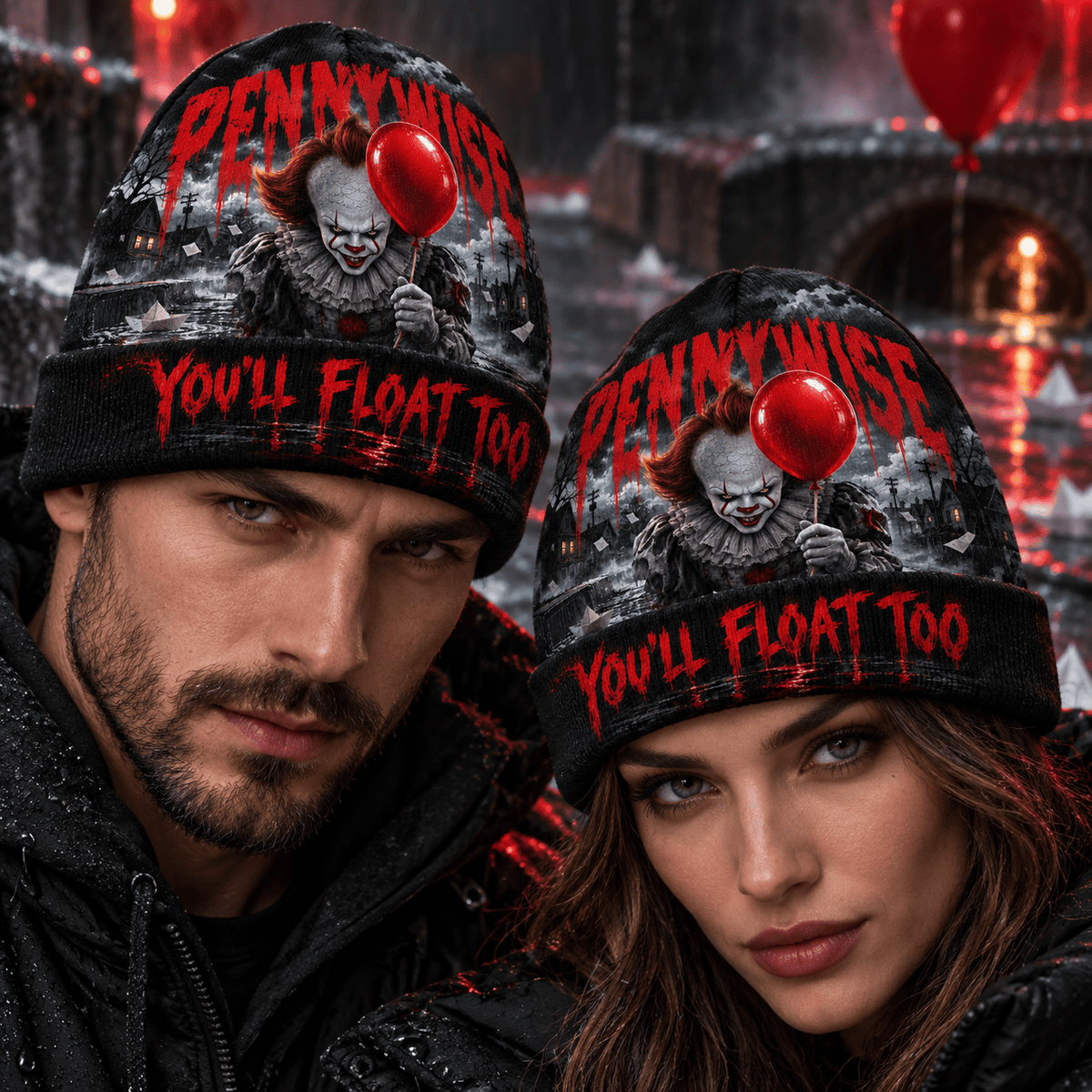 Pennywise Red Balloon Graphic Print Knit Beanie for Rainy Night Street Walks NDN 2