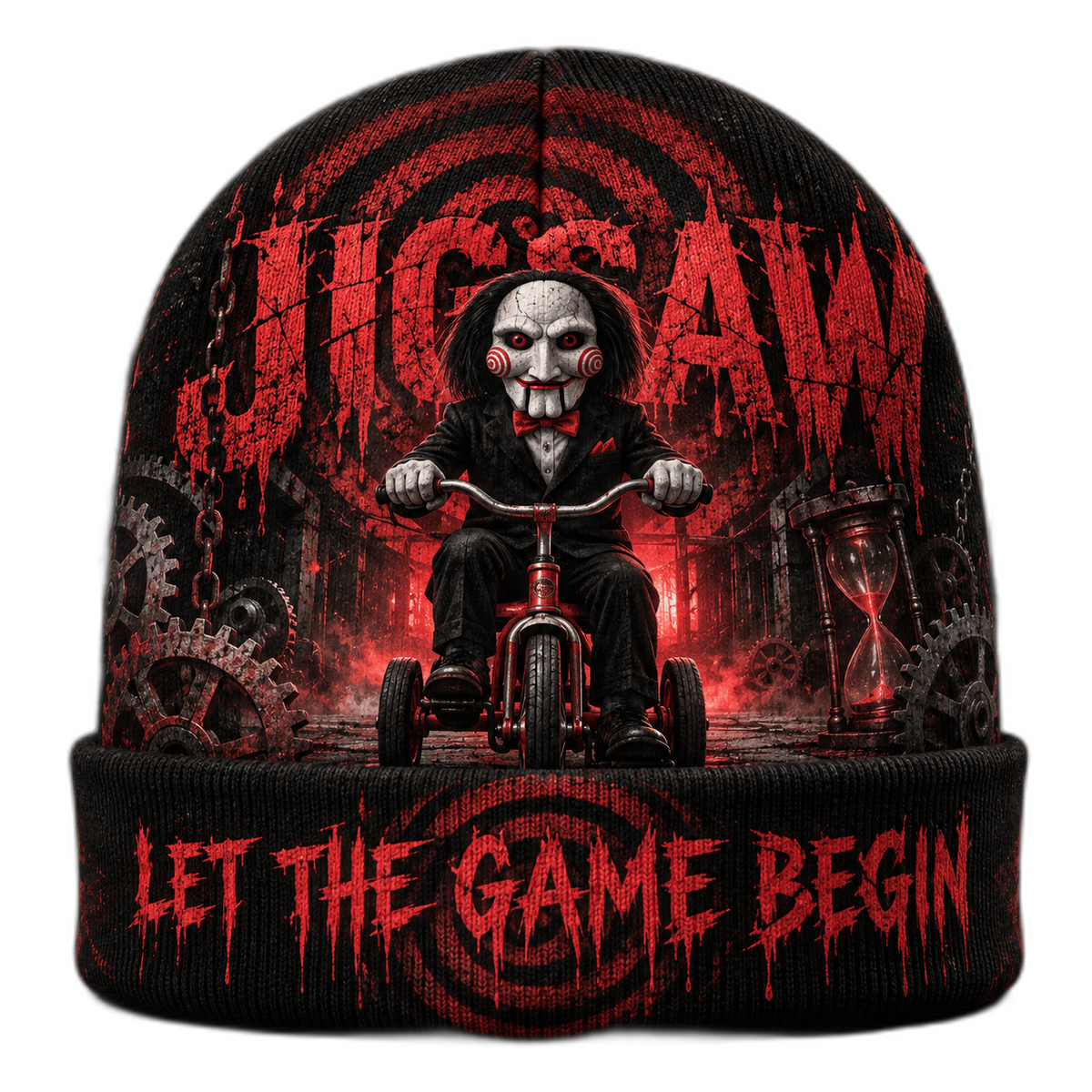 Jigsaw Spiral Portrait Graphic Print Knit Beanie for Deadly Game Night Horror Fans NDN 1