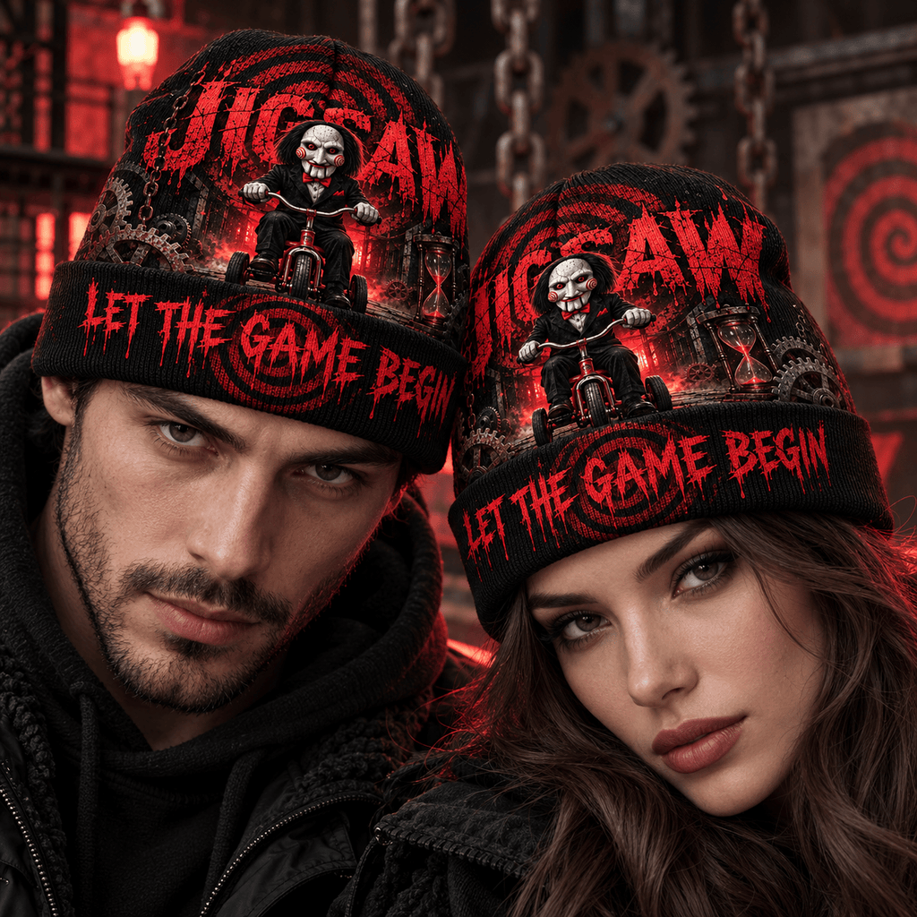 Jigsaw Spiral Portrait Graphic Print Knit Beanie for Deadly Game Night Horror Fans NDN 2