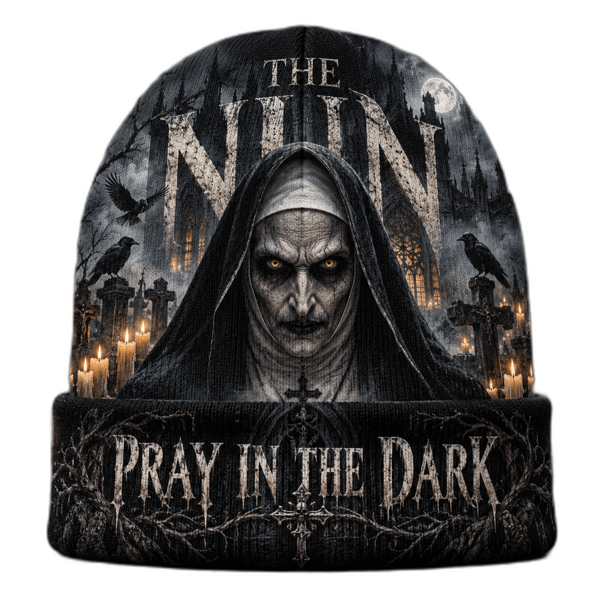 The Nun Gothic Cross Graphic Print Knit Beanie for Dark Chapel Vigil Horror Nights NDN 1