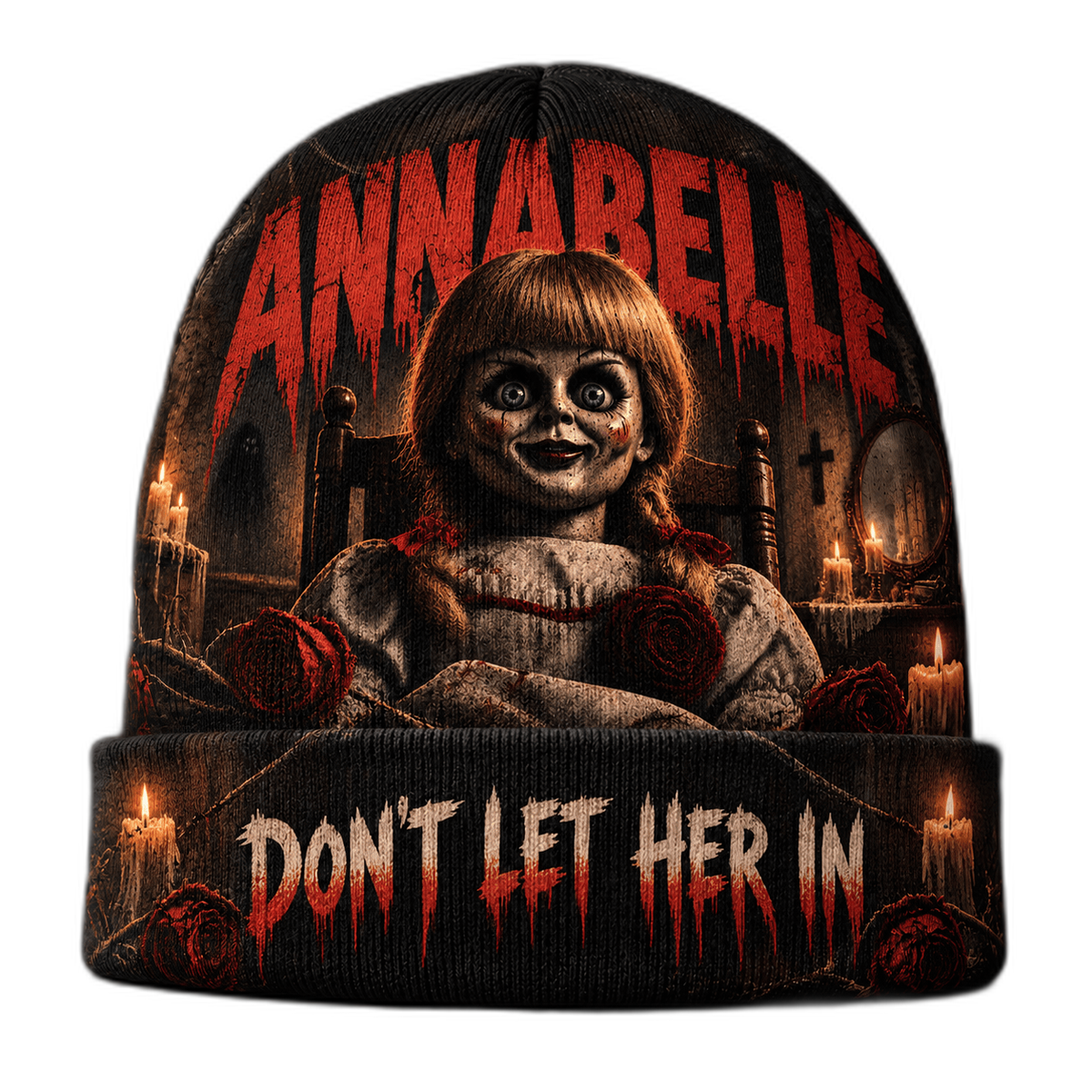 Annabelle Porcelain Doll Graphic Print Knit Beanie for Haunted Nursery Horror Nights NDN 1