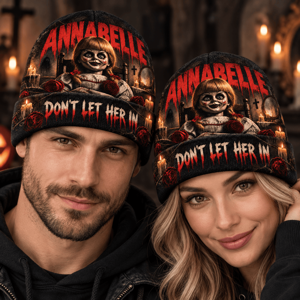 Annabelle Porcelain Doll Graphic Print Knit Beanie for Haunted Nursery Horror Nights NDN 2
