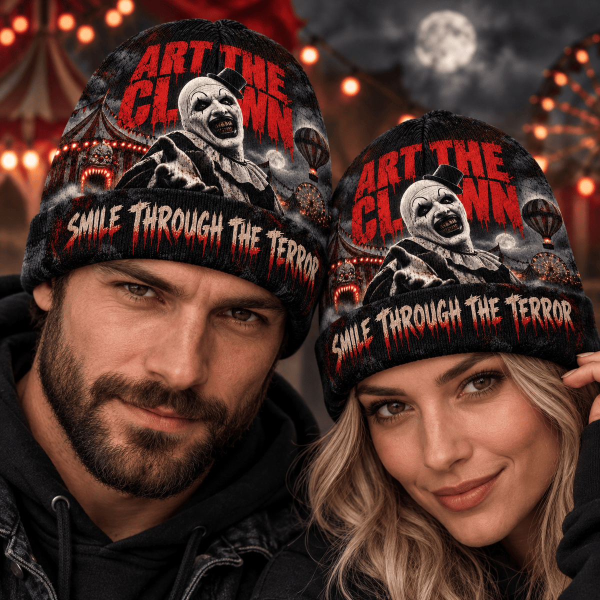 Art The Clown Wide Grin Graphic Print Knit Beanie for Midnight Carnival Terror NDN 2