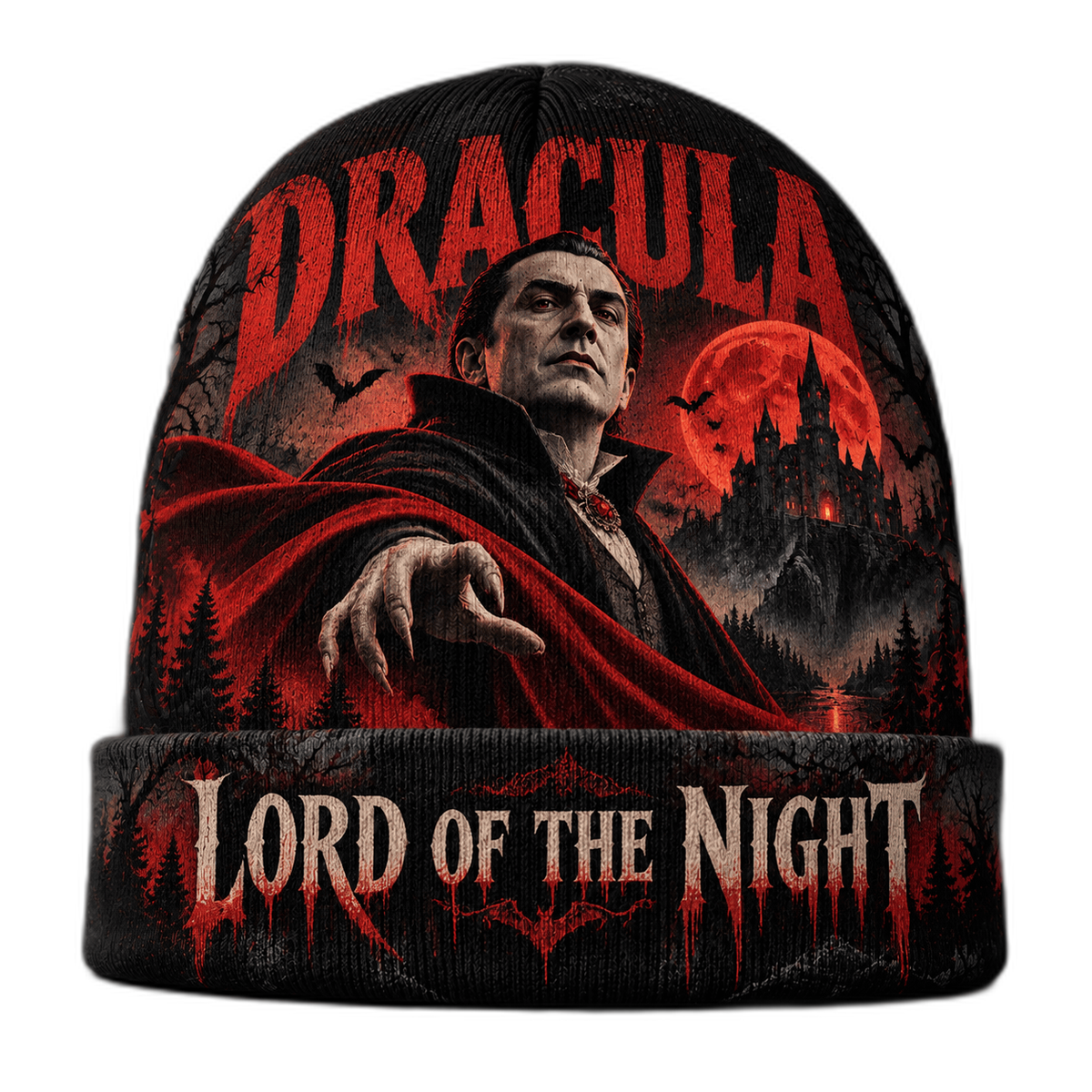Dracula Castle Moon Graphic Print Knit Beanie for Midnight Gothic Horror Evenings NDN 1